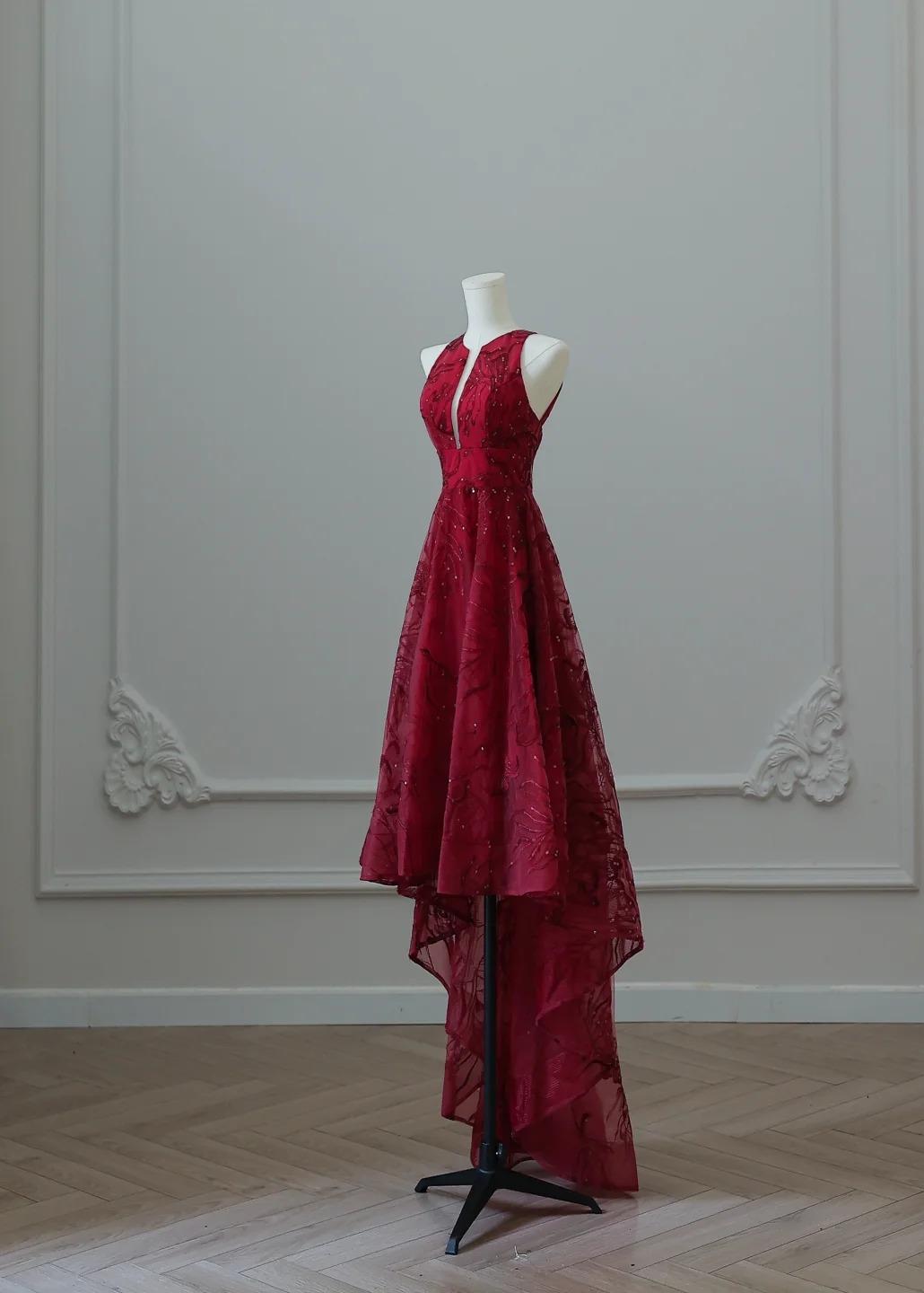 Elegant Red Round Neck A-Line Tulle Hi-Lo Prom Dresses Formal Evening Gowns