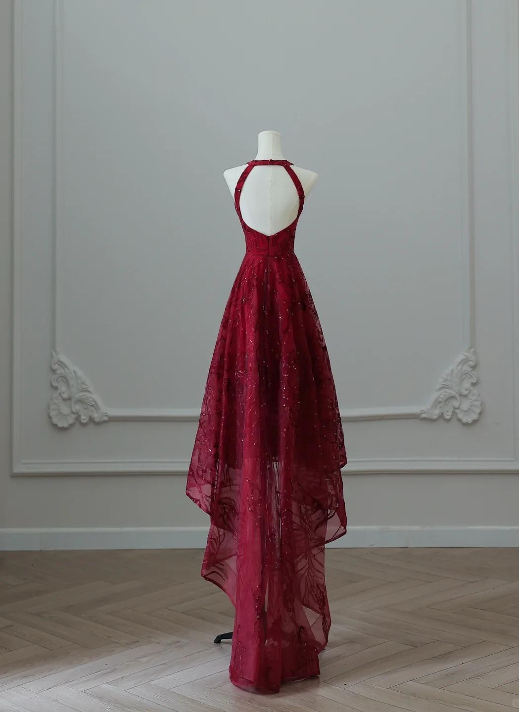 Elegant Red Round Neck A-Line Tulle Hi-Lo Prom Dresses Formal Evening Gowns