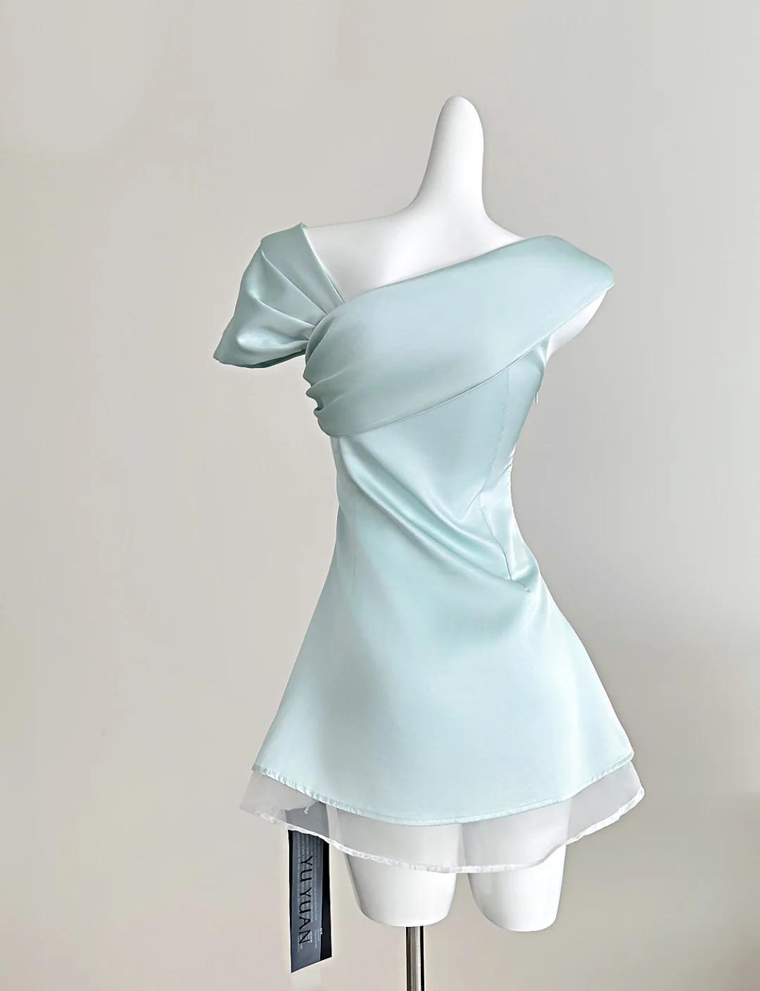 Sweet Tiffany Blue Asymmetric Neck Chiffon A-Line Party Dress