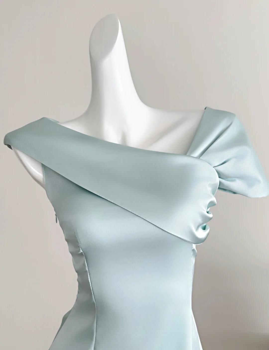 Sweet Tiffany Blue Asymmetric Neck Chiffon A-Line Party Dress