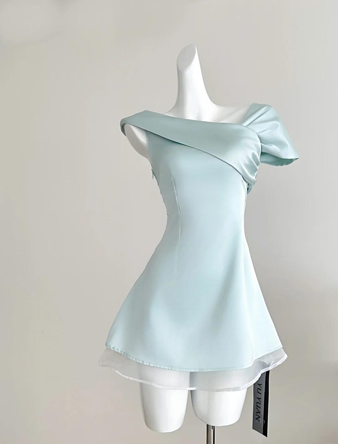 Sweet Tiffany Blue Asymmetric Neck Chiffon A-Line Party Dress