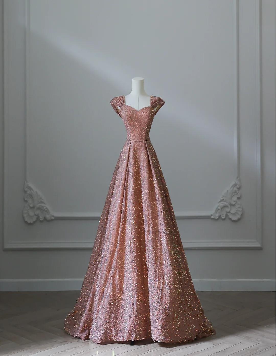 Sweet Pink Sweetheart Neck A-Line Sequin Long Prom Dresses Formal Evening Gowns