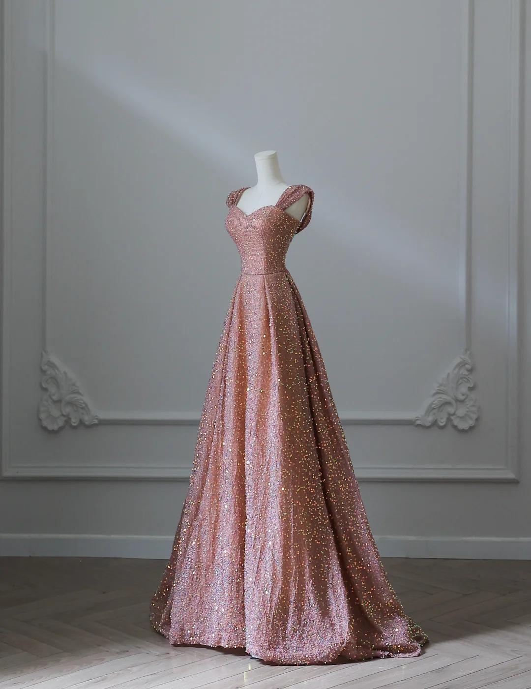 Sweet Pink Sweetheart Neck A-Line Sequin Long Prom Dresses Formal Evening Gowns