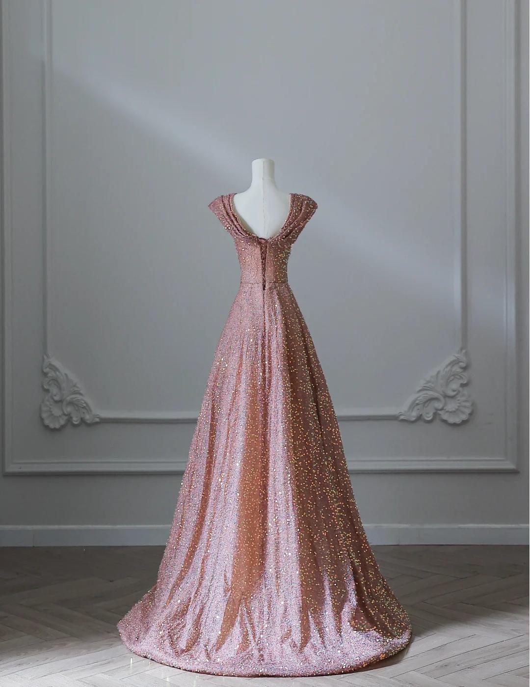 Sweet Pink Sweetheart Neck A-Line Sequin Long Prom Dresses Formal Evening Gowns