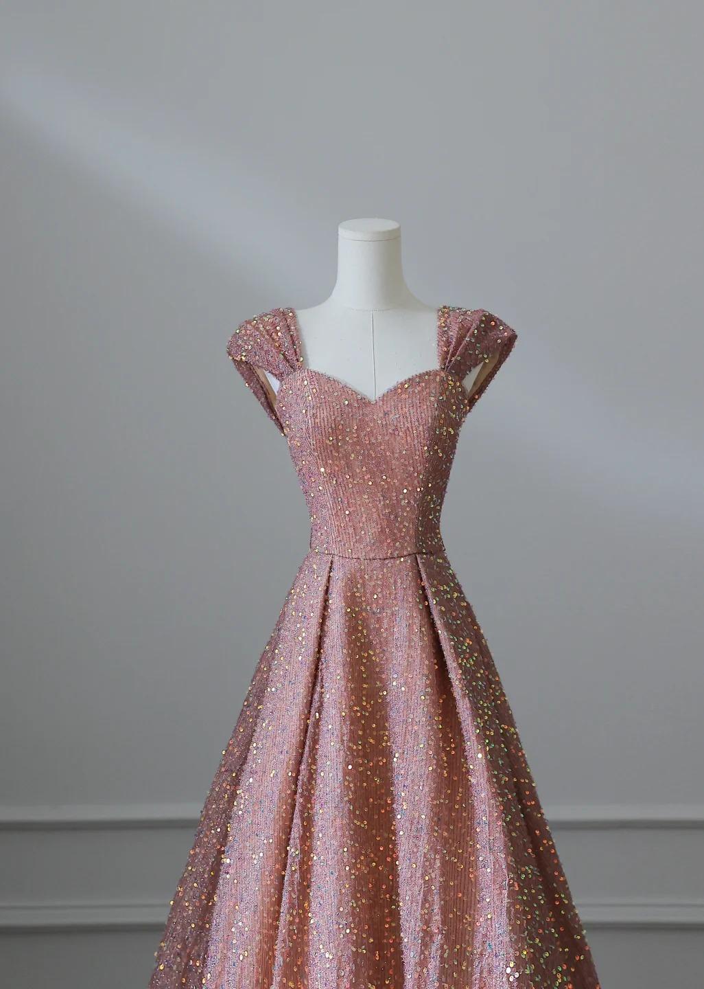 Sweet Pink Sweetheart Neck A-Line Sequin Long Prom Dresses Formal Evening Gowns