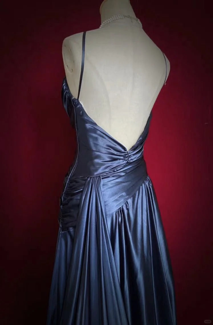Stunning Navy Blue Spaghetti Straps A-Line Satin Long Prom Dress Formal Evening Gowns with Pleats