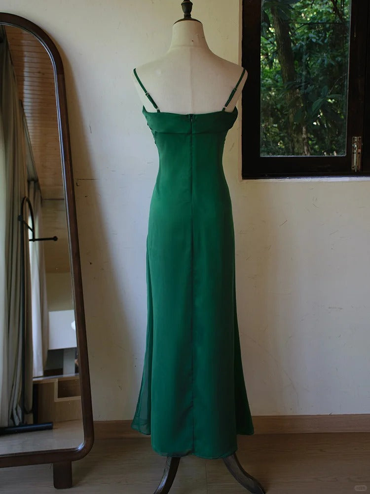 Stunning Green Spaghetti Strap Sheath Chiffon Prom Dress Elegant Evening Gowns