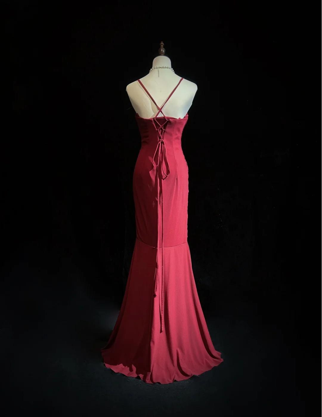 Red Spaghetti Straps Mermaid Chiffon Long Prom Dresses Formal Evening Gowns