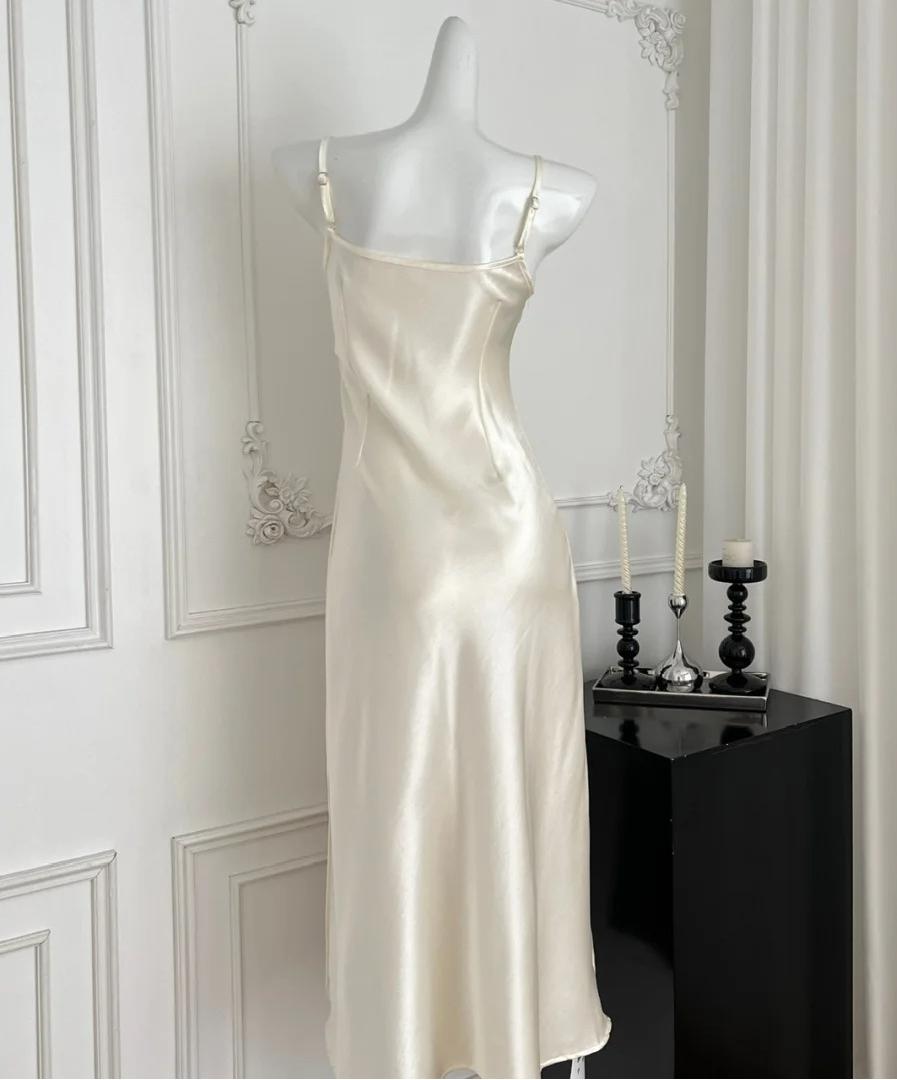 Simple Light Champagne Spaghetti Straps Satin Sheath Prom Dresses Formal Evening Gowns