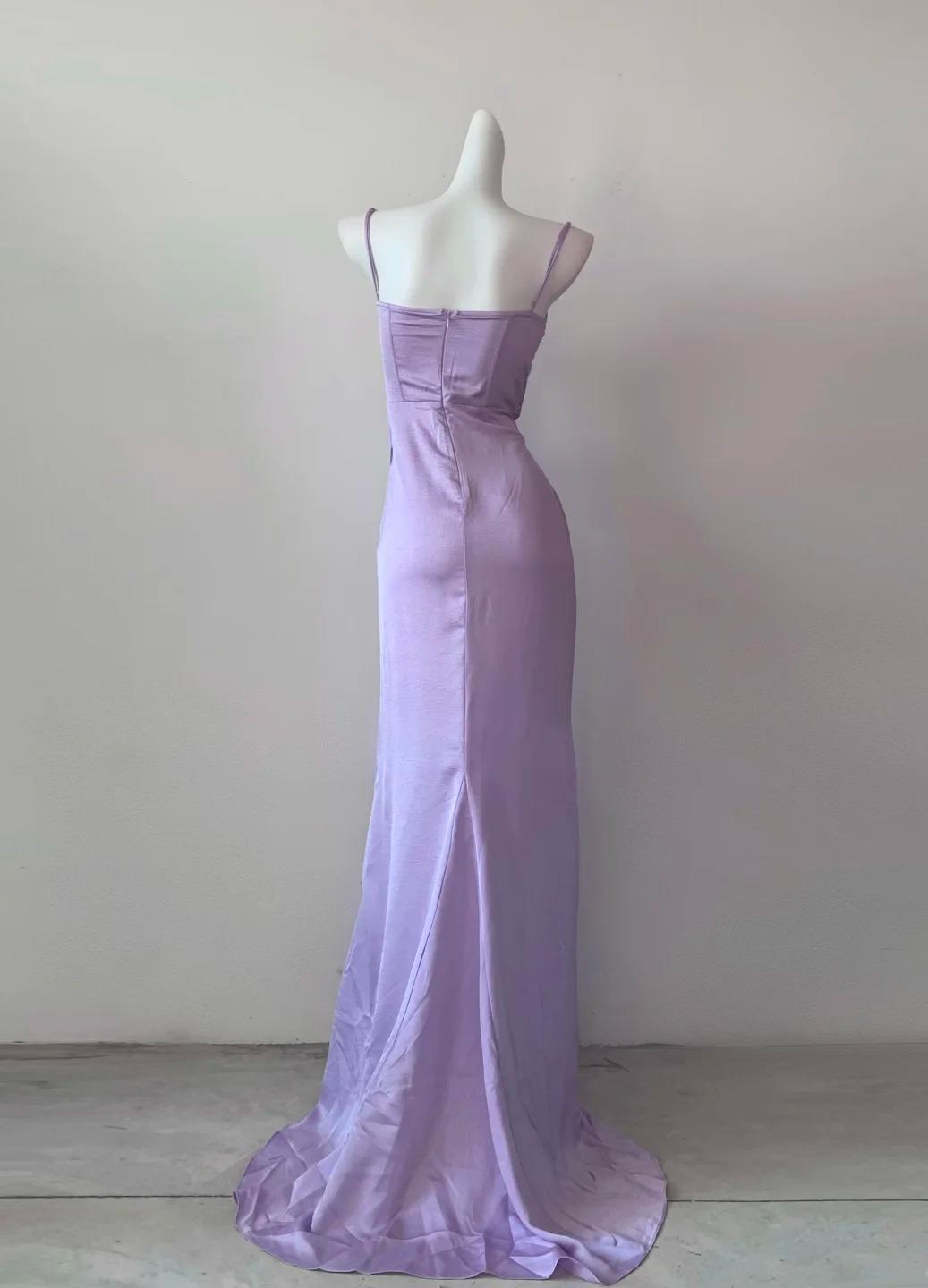 Elegant Purple Spaghetti Straps Sheath Satin Long Prom Dresses Formal Evening Gowns Short Ball Gowns