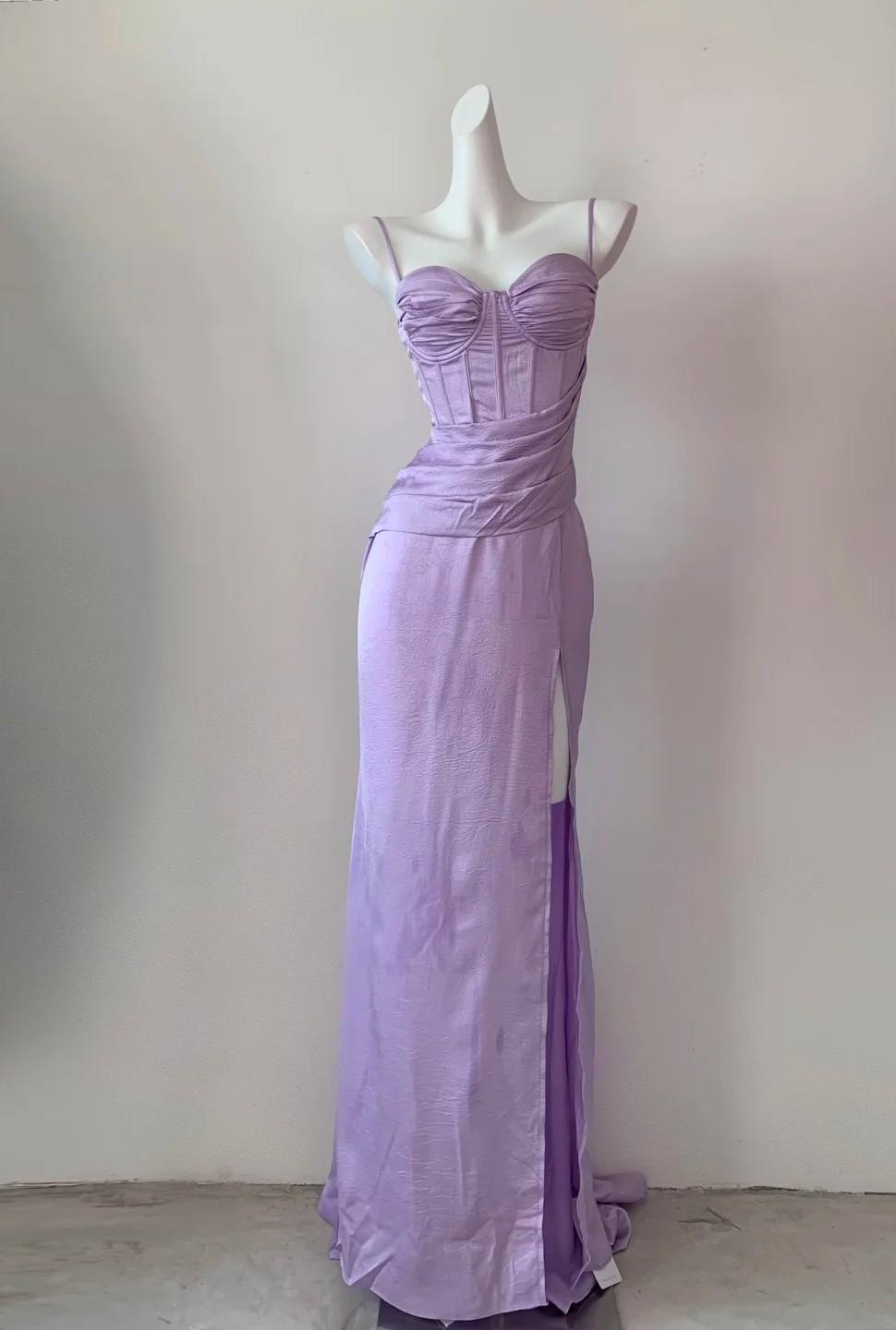 Elegant Purple Spaghetti Straps Sheath Satin Long Prom Dresses Formal Evening Gowns Short Ball Gowns