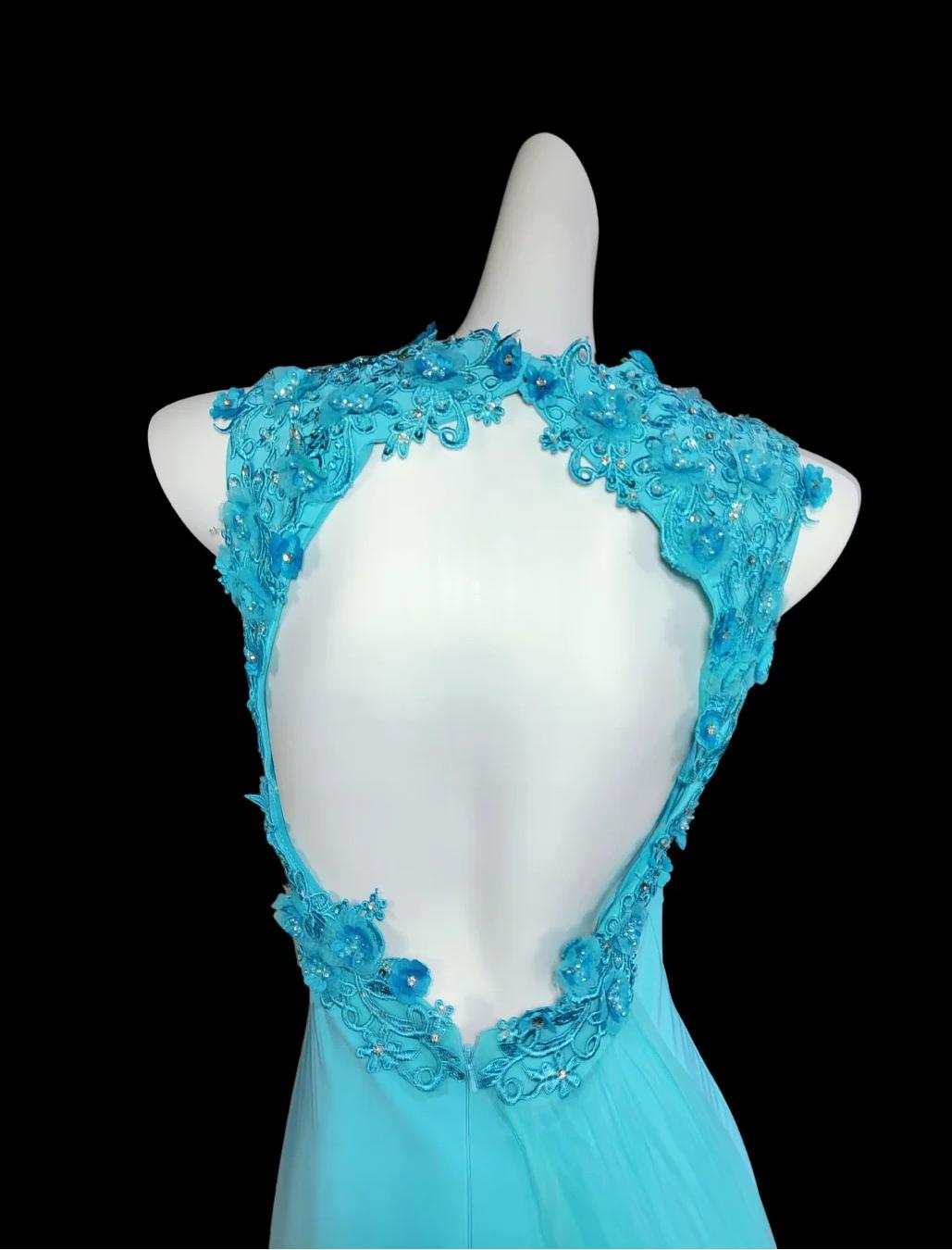 Glam Blue Halter Mermaid Chiffon Appliques Long Prom Dresses Formal Evening Gowns With Open Back