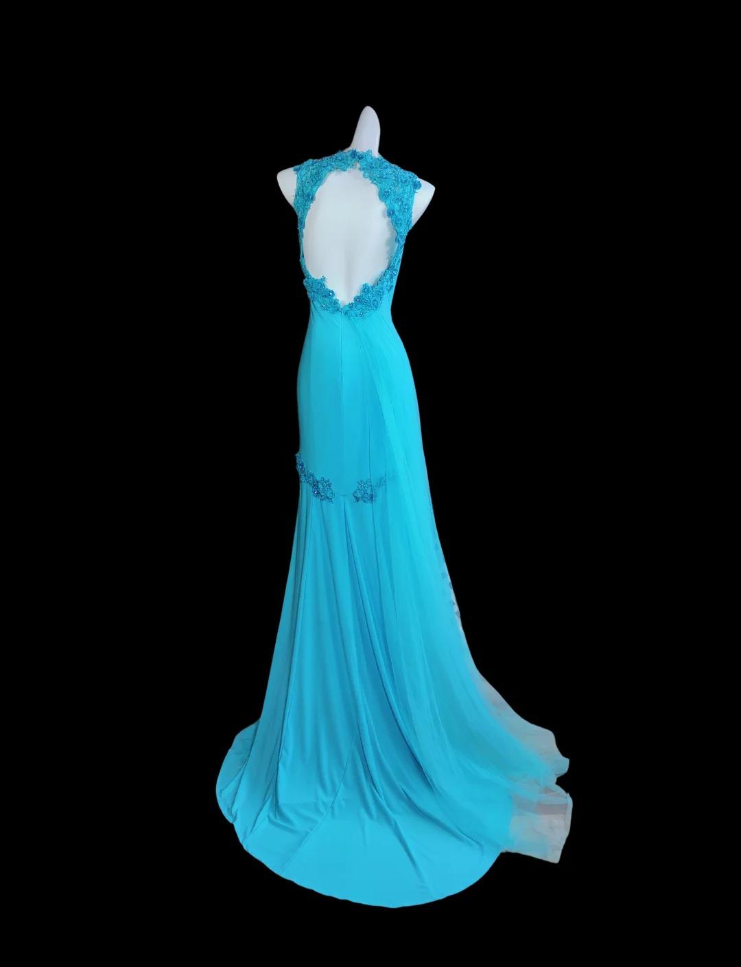 Glam Blue Halter Mermaid Chiffon Appliques Long Prom Dresses Formal Evening Gowns With Open Back
