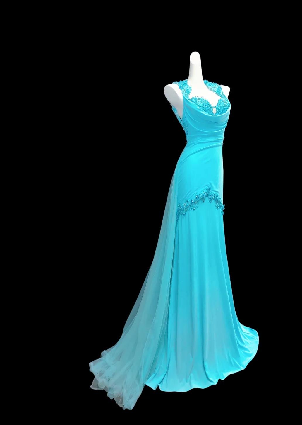 Glam Blue Halter Mermaid Chiffon Appliques Long Prom Dresses Formal Evening Gowns With Open Back