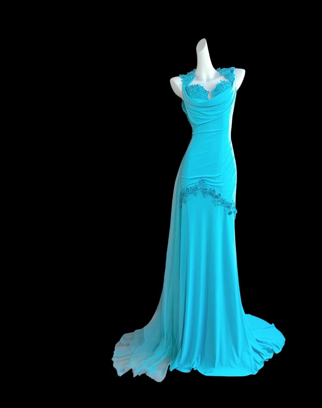 Glam Blue Halter Mermaid Chiffon Appliques Long Prom Dresses Formal Evening Gowns With Open Back