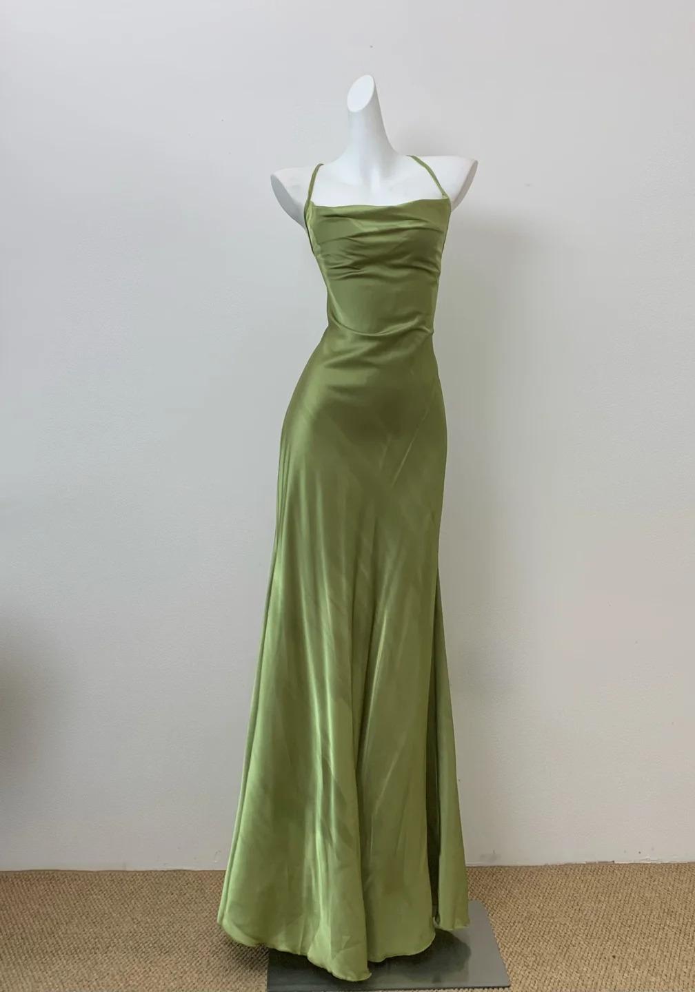 Glam Olive Green Spaghetti Straps Mermaid Satin Long Prom Dresses Formal Evening Gowns With Backless