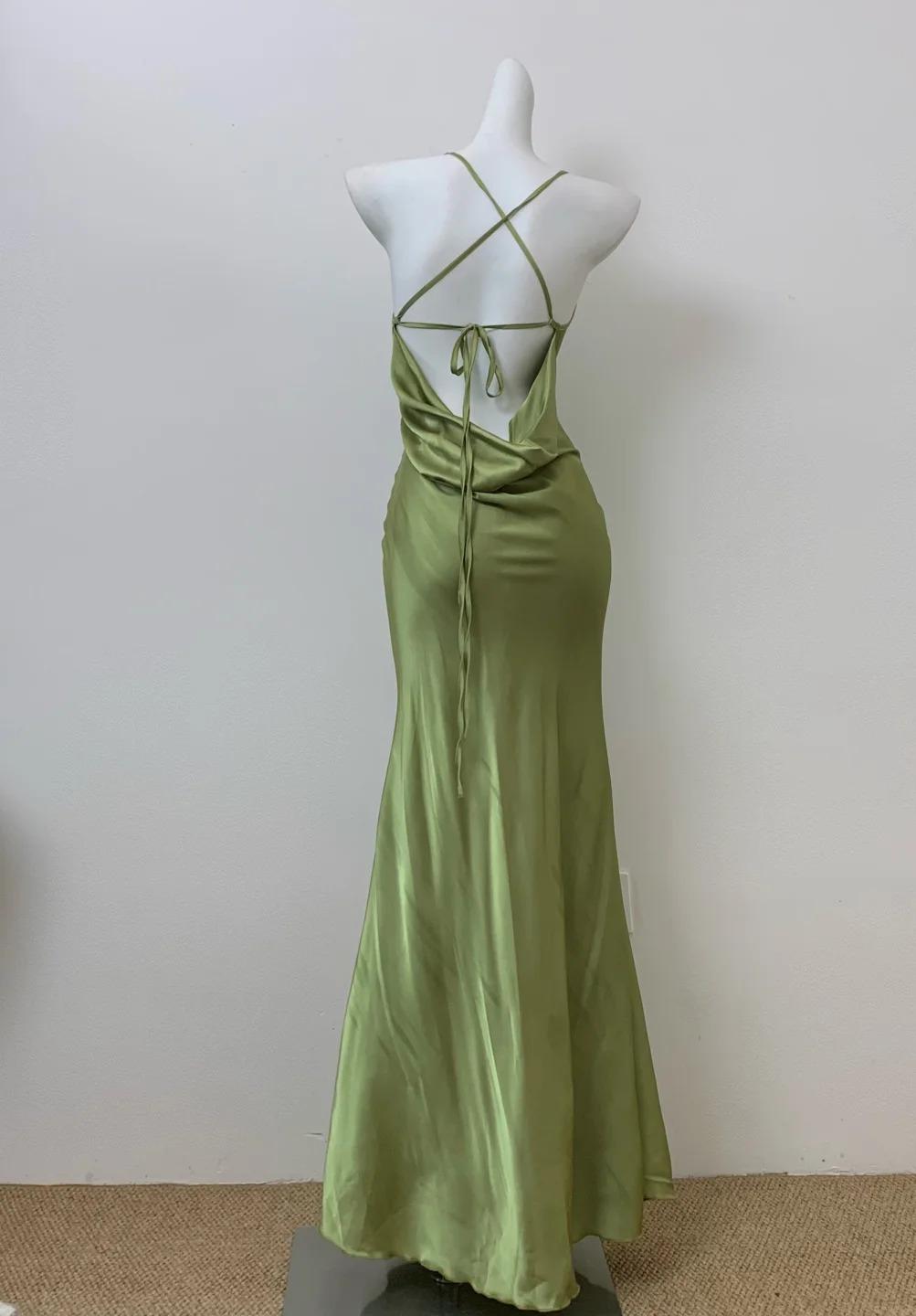 Glam Olive Green Spaghetti Straps Mermaid Satin Long Prom Dresses Formal Evening Gowns With Backless