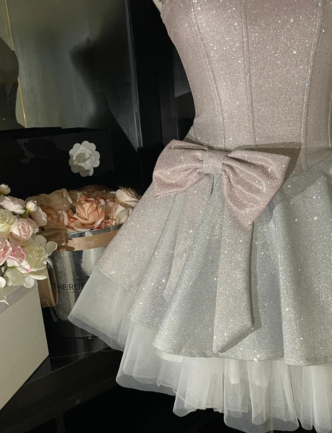 Sweet Pink Spaghetti Straps A-Line Glitter Satin Tulle Short Prom Dresses Homecoming Dress With Bow