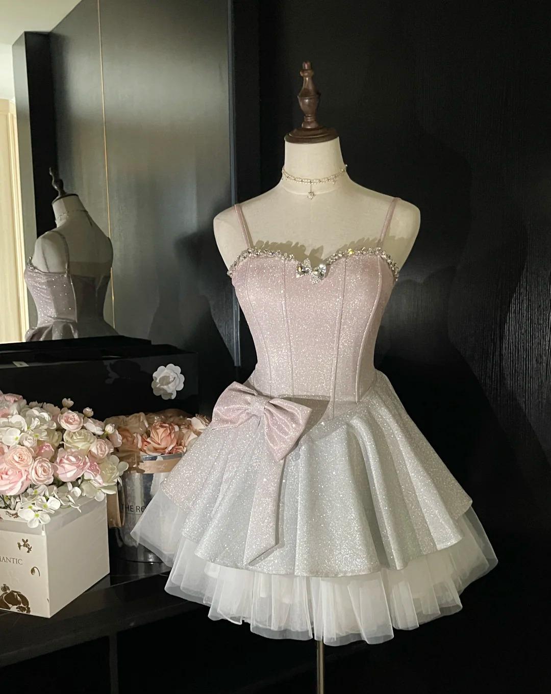Sweet Pink Spaghetti Straps A-Line Glitter Satin Tulle Short Prom Dresses Homecoming Dress With Bow
