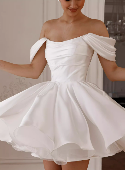 Elegant White Off-Shoulder A-Line Satin Short Party Dresses Homecoming Dress
