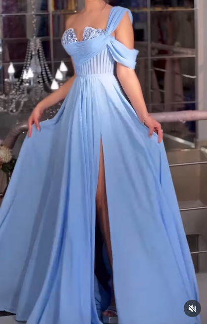 Glam Blue One Shoulder A-Line Chiffon Long Prom Dresses Formal Evening Gowns with Slits