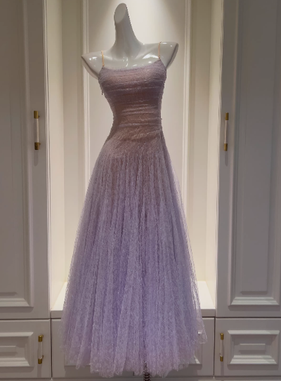 Purple Spaghetti Straps A-Line Lace Tulle Long Prom Dresses Gorgeous Birthday Evening Gowns