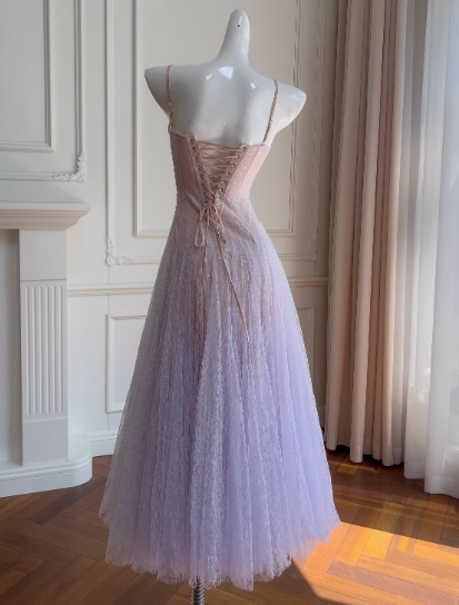Purple Spaghetti Straps A-Line Lace Tulle Long Prom Dresses Gorgeous Birthday Evening Gowns