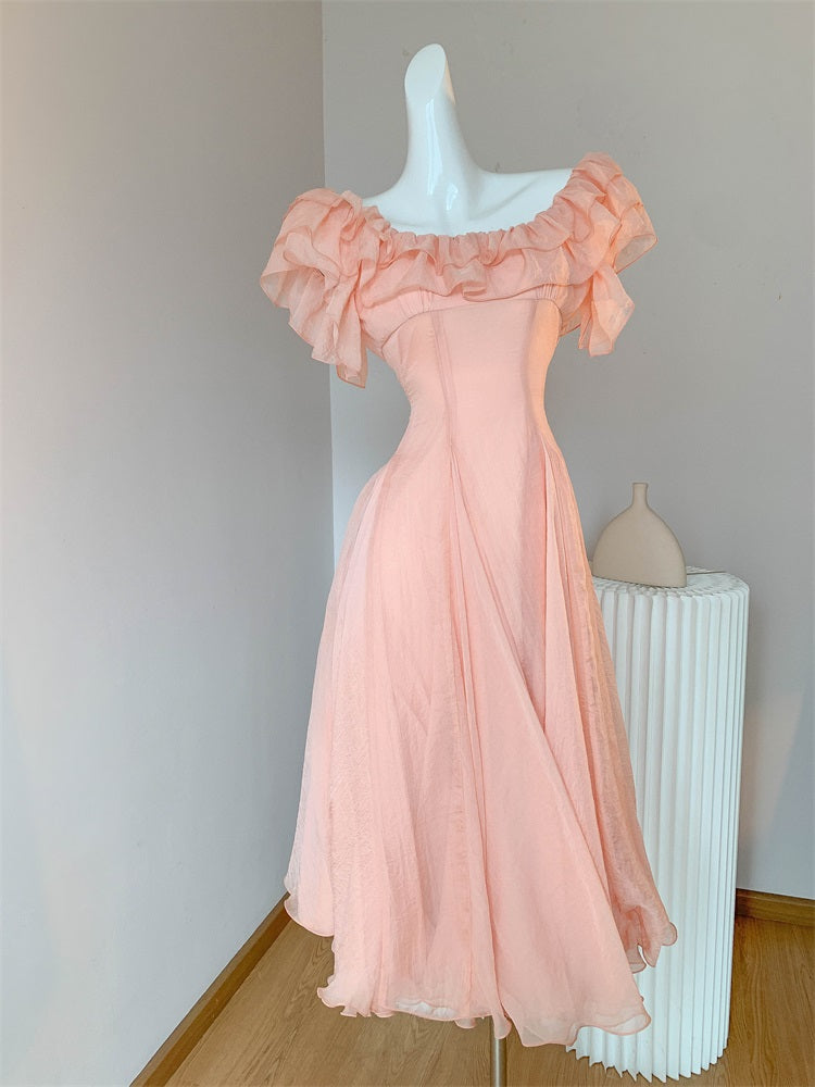 Chic Orange Pink Off-Shoulder A-Line Chiffon Party Dresses