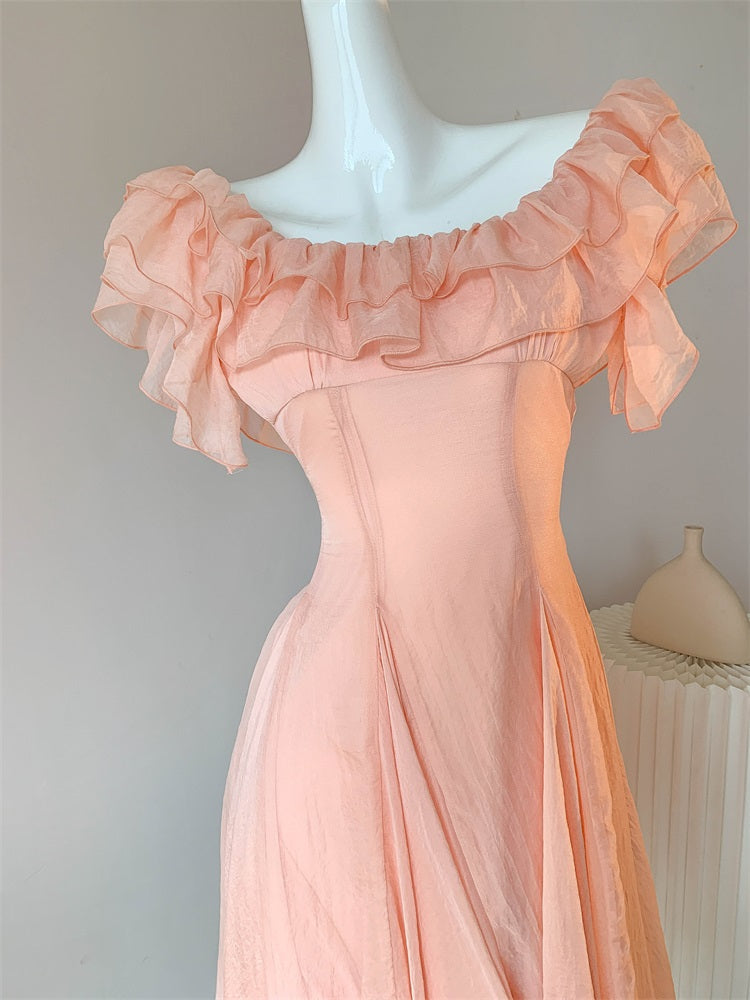 Chic Orange Pink Off-Shoulder A-Line Chiffon Party Dresses