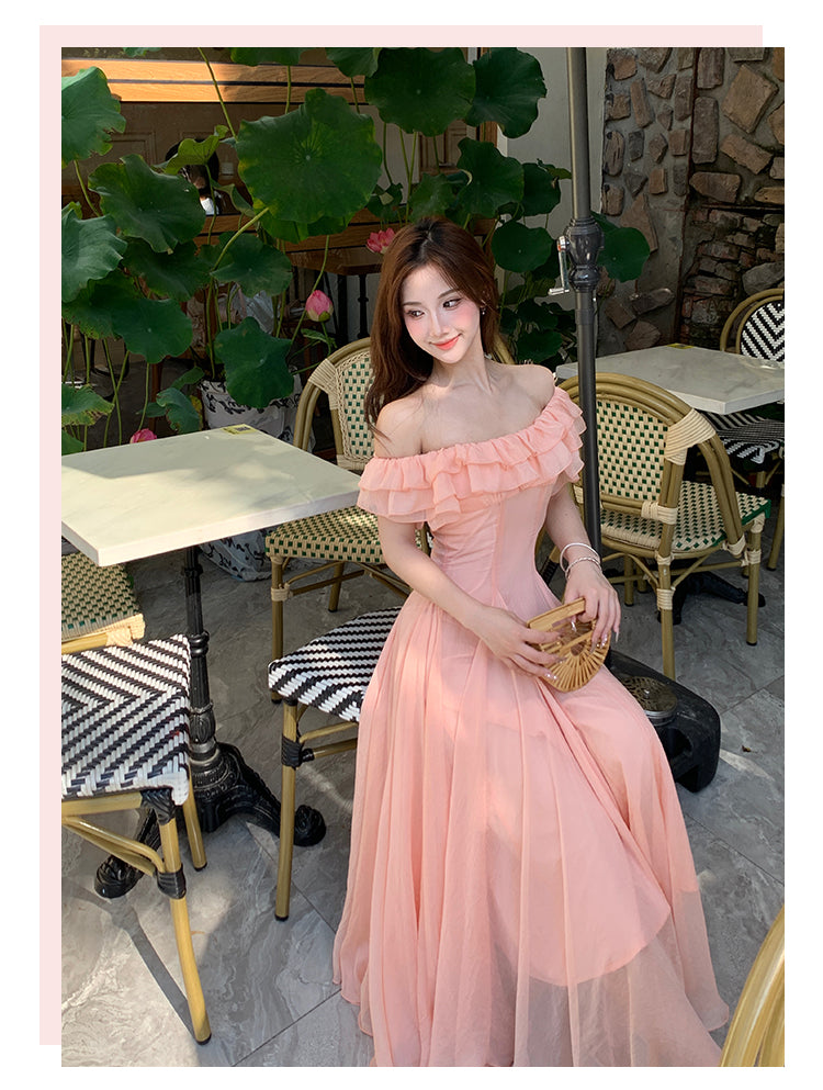 Chic Orange Pink Off-Shoulder A-Line Chiffon Party Dresses