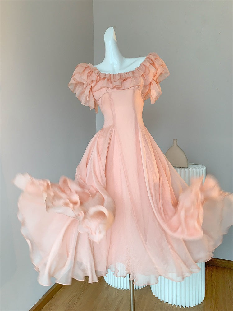 Chic Orange Pink Off-Shoulder A-Line Chiffon Party Dresses
