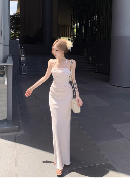 Elegant Apricot Spaghetti Straps Mermaid Satin Party Dress