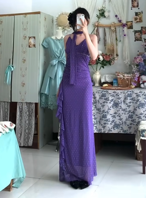 Vintage Purple Spaghetti Straps Sheath Chiffon Ruffle Party Dress Formal Evening Gowns