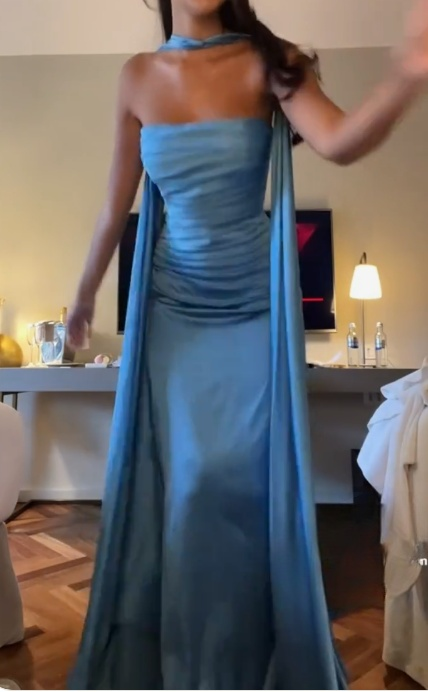 Elegant Blue Strapless Sheath Satin Long Prom Dresses Formal Evening Gowns