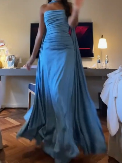 Elegant Blue Strapless Sheath Satin Long Prom Dresses Formal Evening Gowns