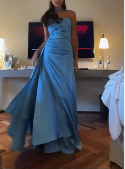 Elegant Blue Strapless Sheath Satin Long Prom Dresses Formal Evening Gowns