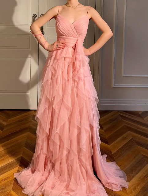 Sweet Peach Spaghetti Straps A-Line Layered Tulle Long Prom Dresses Formal Evening Gowns
