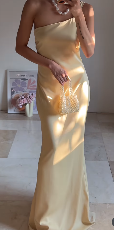 Fashion Butter Yellow One Shoulder Sheath Satin Long Prom Dresses Formal Evening Gowns