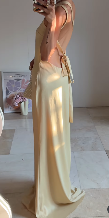 Fashion Butter Yellow One Shoulder Sheath Satin Long Prom Dresses Formal Evening Gowns