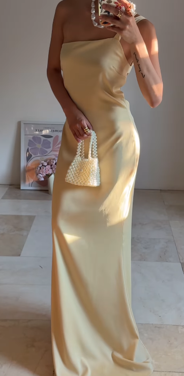 Fashion Butter Yellow One Shoulder Sheath Satin Long Prom Dresses Formal Evening Gowns