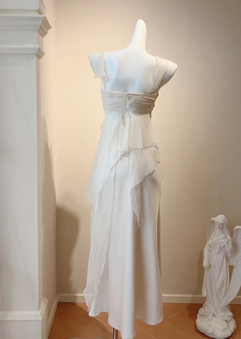 Simple White Spaghetti Straps Sheath Satin Chiffon Long Prom Dresses Birthday Evening Gowns