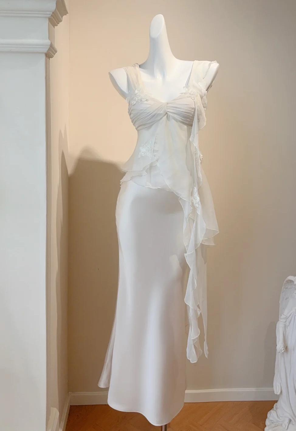 Simple White Spaghetti Straps Sheath Satin Chiffon Long Prom Dresses Birthday Evening Gowns