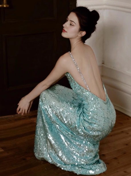 Elegant Mint Green One Shoulder Memaid Sequins Long Prom Dresses Formal Evening Gowns with Open Back