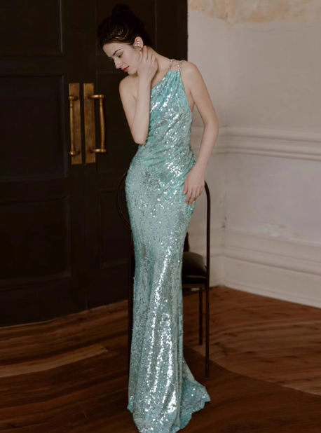 Elegant Mint Green One Shoulder Memaid Sequins Long Prom Dresses Formal Evening Gowns with Open Back