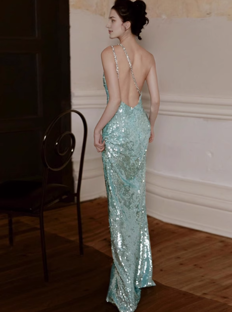 Elegant Mint Green One Shoulder Memaid Sequins Long Prom Dresses Formal Evening Gowns with Open Back