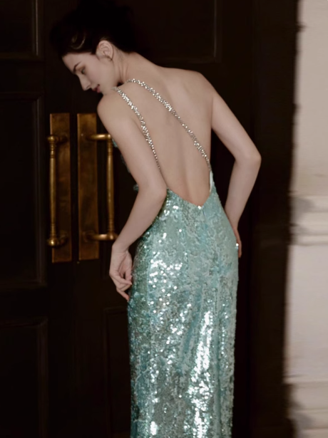 Elegant Mint Green One Shoulder Memaid Sequins Long Prom Dresses Formal Evening Gowns with Open Back