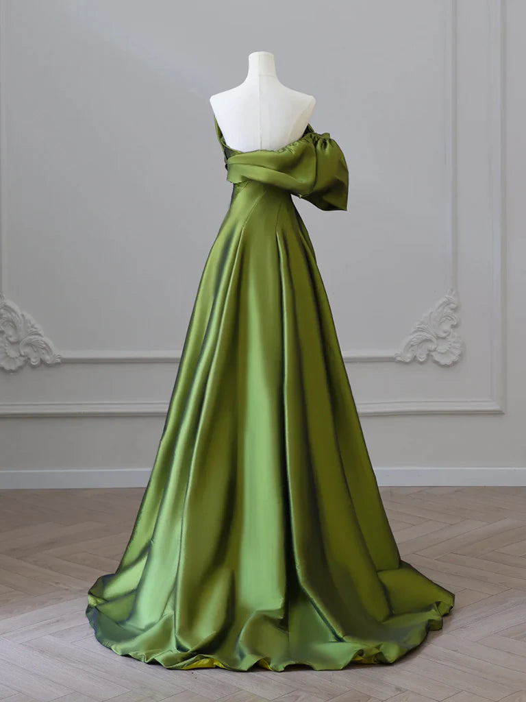 A- Line V Neck Satin Green Long Prom Dress Green Long Formal Dress