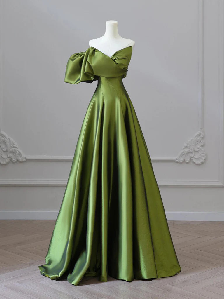 A- Line V Neck Satin Green Long Prom Dress Green Long Formal Dress