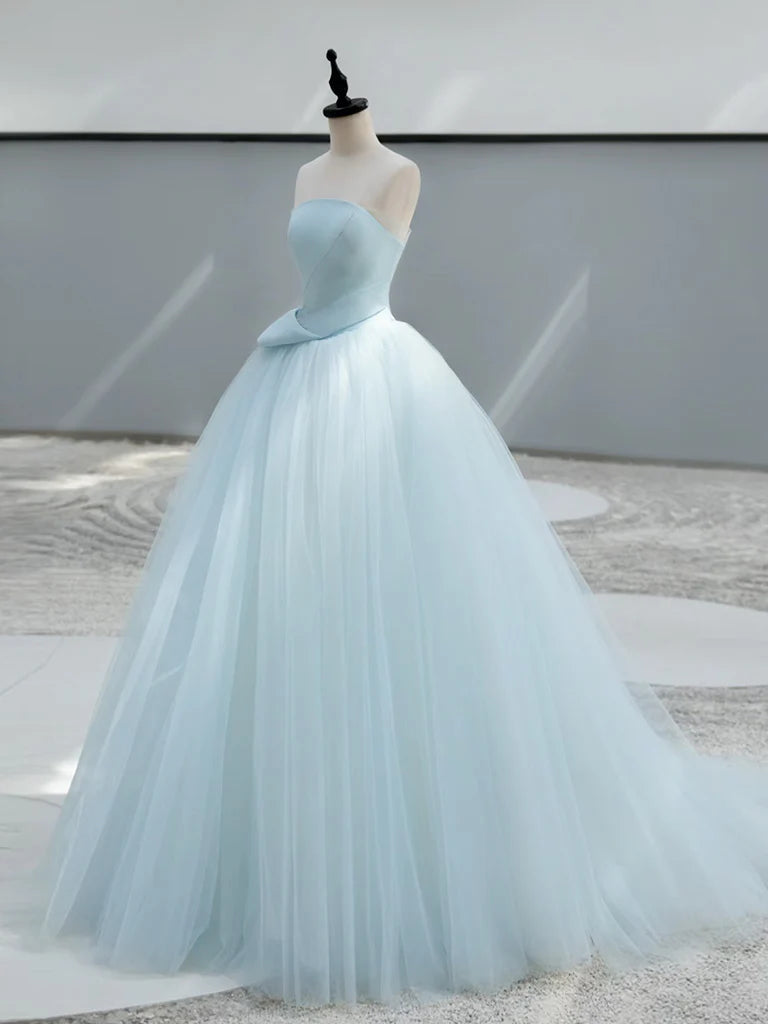 A-Line Satin Tulle Blue Long Prom Dress Blue Long Formal Dress