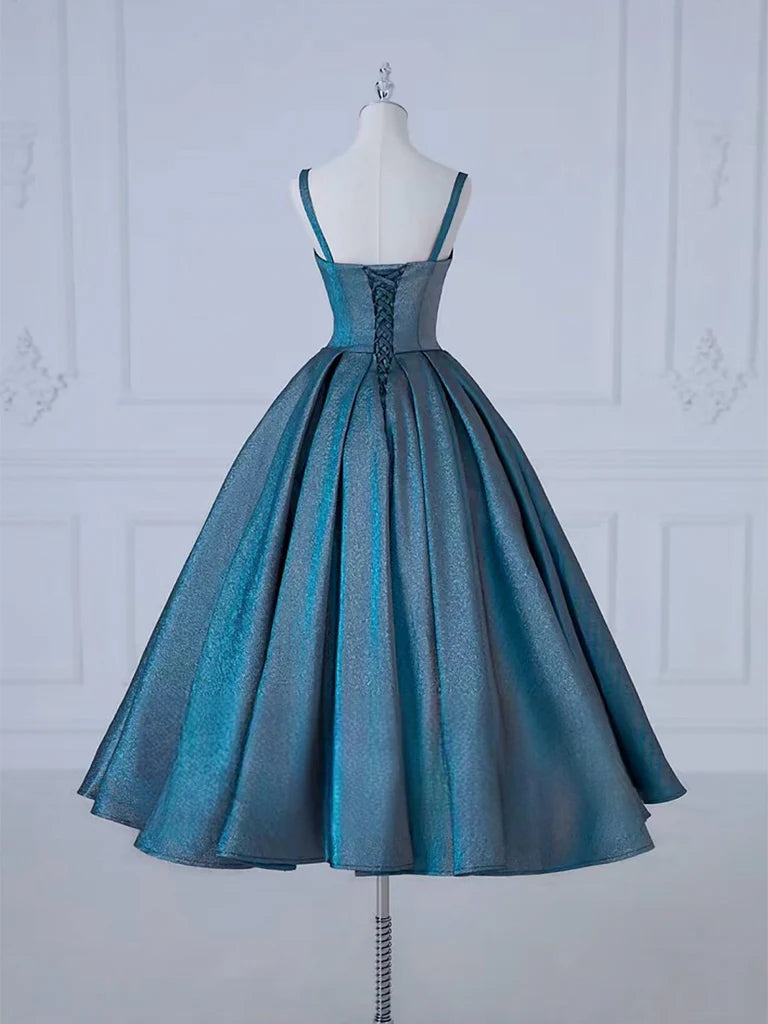 A-Line Sweetheart Neck Satin Tea Length Blue Prom Dress Blue Formal Dress